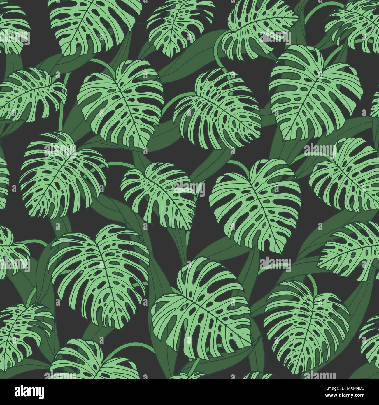 Vector tropical seamless pattern con foglie di monstera su sfondo scuro. Jungle print design nei colori verde. Illustrazione Vettoriale