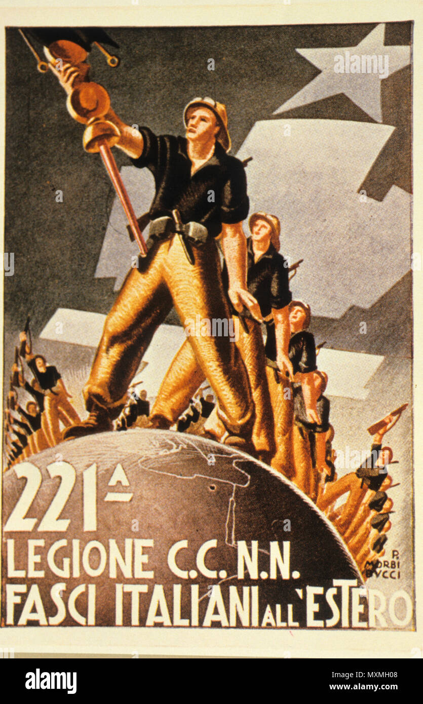 221 ° legione c.c.n.n., fascisti italiani all estero, cartolina con illustrazione da publio morbiducci, 1930s Foto Stock