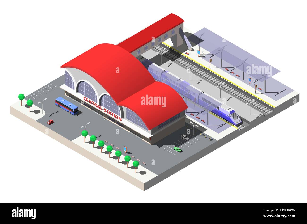 Stazione ferroviaria Edificio, piattaforme e treno. Vettore illustrazione isometrica. Illustrazione Vettoriale