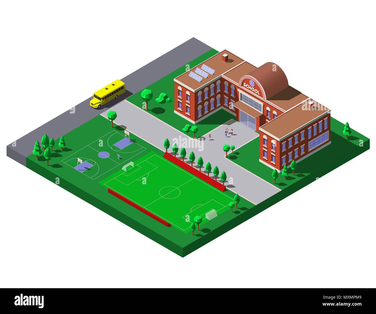Edificio scolastico con calcio, campo da tennis e scuola bus. Vettore illustrazione isometrica. Illustrazione Vettoriale