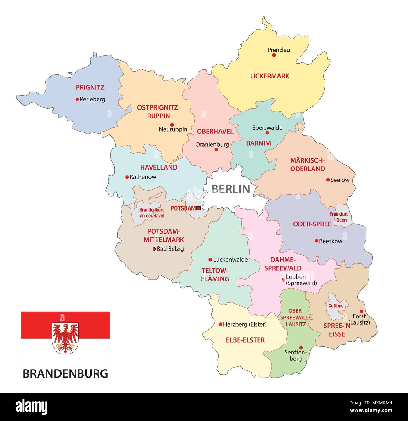 Brandeburgo politica e amministrativa di mappa vettoriale con bandiera, Germania Illustrazione Vettoriale