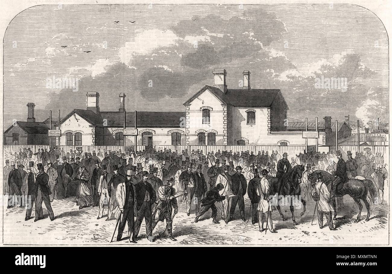 La nuova stazione ferroviaria all'ippodromo, Epsom Downs. Surrey 1865. Il Illustrated London News Foto Stock