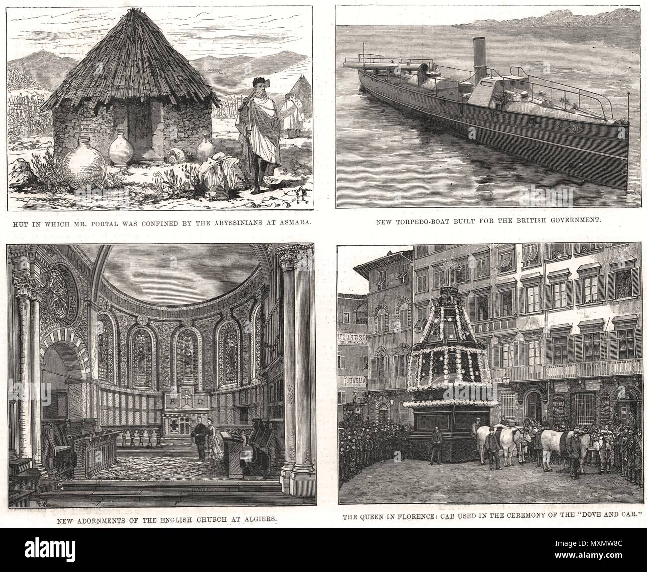 Portal Asmara. Torpediniera. Chiesa inglese di Algeri. Firenze. Eritrea 1888. Il Illustrated London News Foto Stock