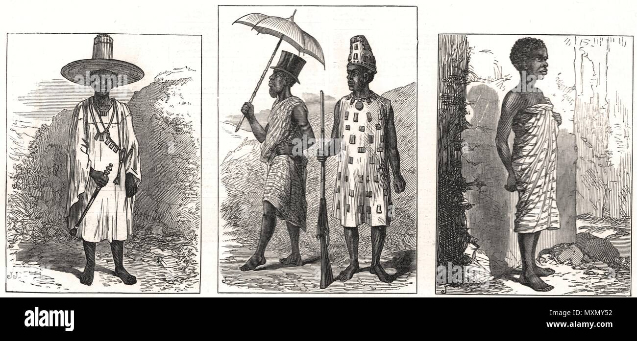 Ashanti la guerra in Sierra Leone; un anziano e un guerriero; Fantee servo-boy 1874. Il Illustrated London News Foto Stock