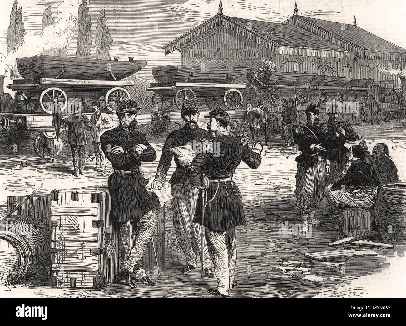 La guerra dei militari francesi treno di barche per pontone ponti. Francia 1870. Il Illustrated London News Foto Stock