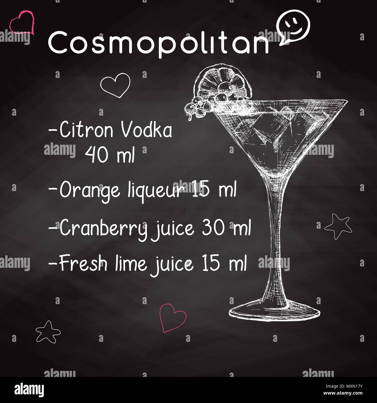 Ricetta semplice per un cocktail alcoolico cosmopolita. Disegno di gesso su una lavagna. Illustrazione vettoriale di un disegno stile. Illustrazione Vettoriale