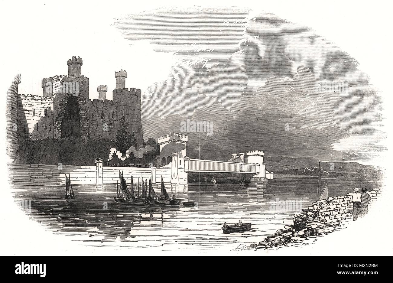 Fiume Conwy tubolare ponte ferroviario come apparirà una volta completato. Wales 1848. Il Illustrated London News Foto Stock