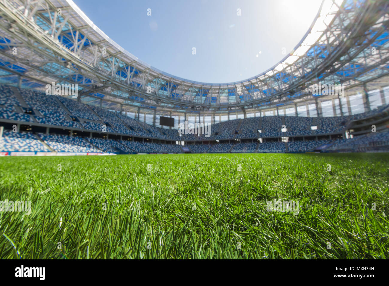 Stadium, vicino sul fresco verde erba. Foto Stock