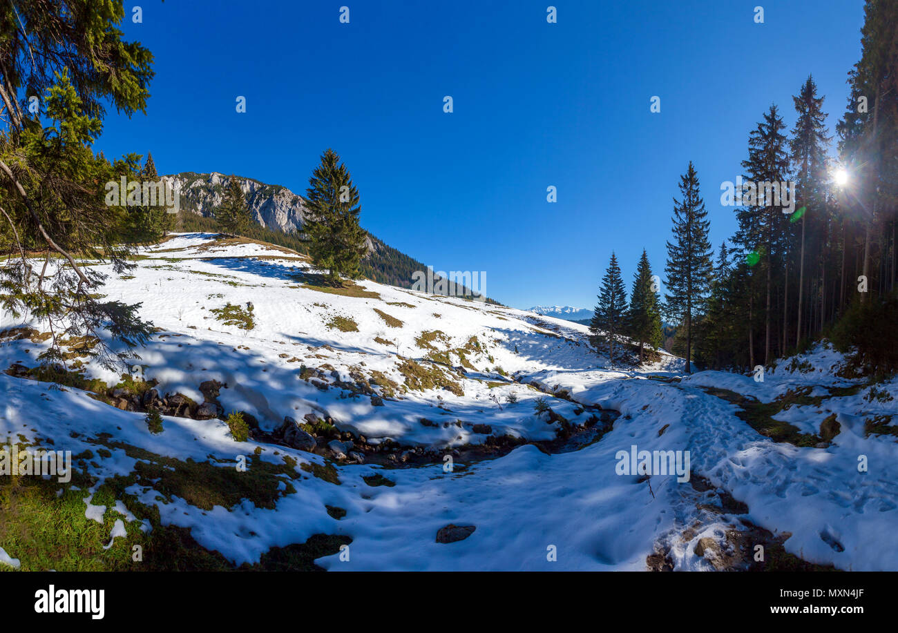 Vista panoramica del monte Piatra Craiului in inverno, parte della gamma dei Carpazi della Romania Foto Stock