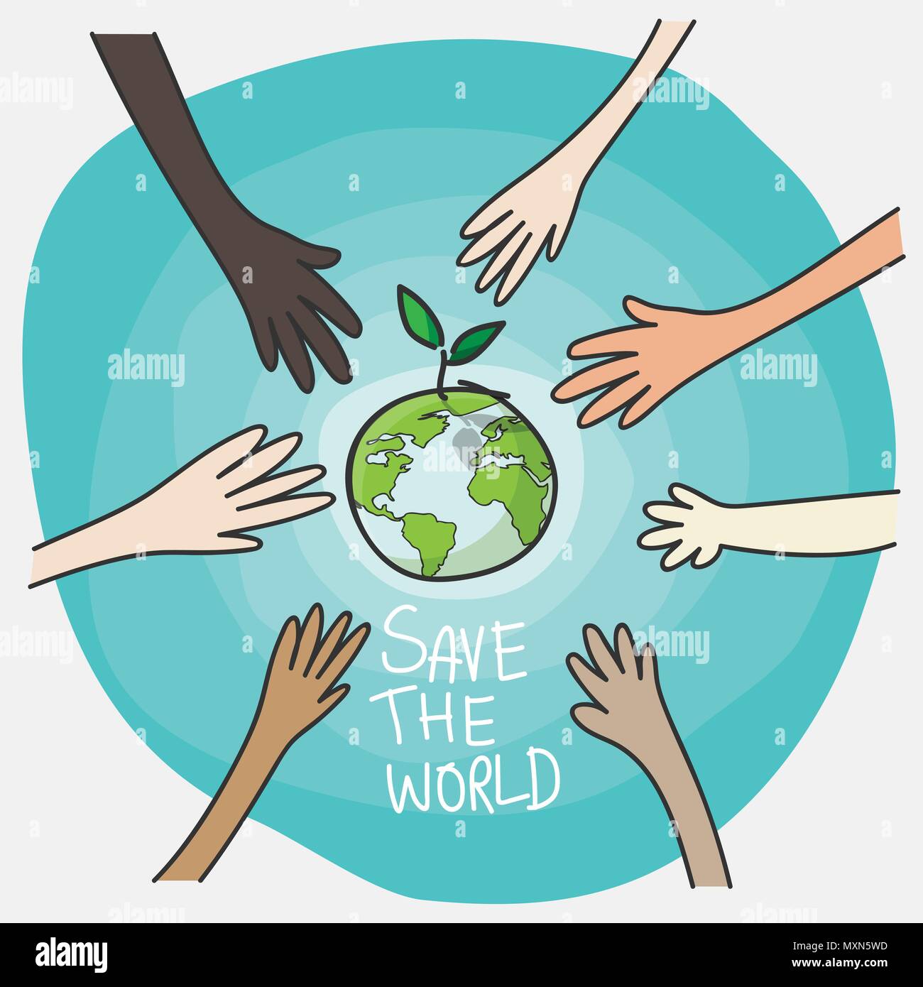 Giornata mondiale dell'ambiente e di uno sviluppo sostenibile per l'ambiente. concetto popolare mani di volontariato piantagione Green Globe e albero per salvare ambiente natura conser Illustrazione Vettoriale