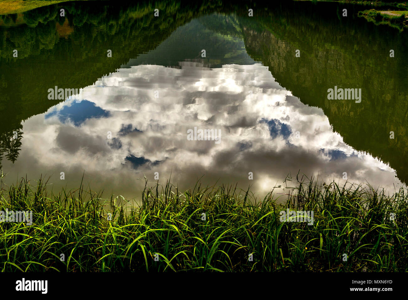 La riflessione di un cielo nuvoloso , Lago di Montriond, Haute-Savoie, Auvergne-Rhône-Alpes, Francia Foto Stock