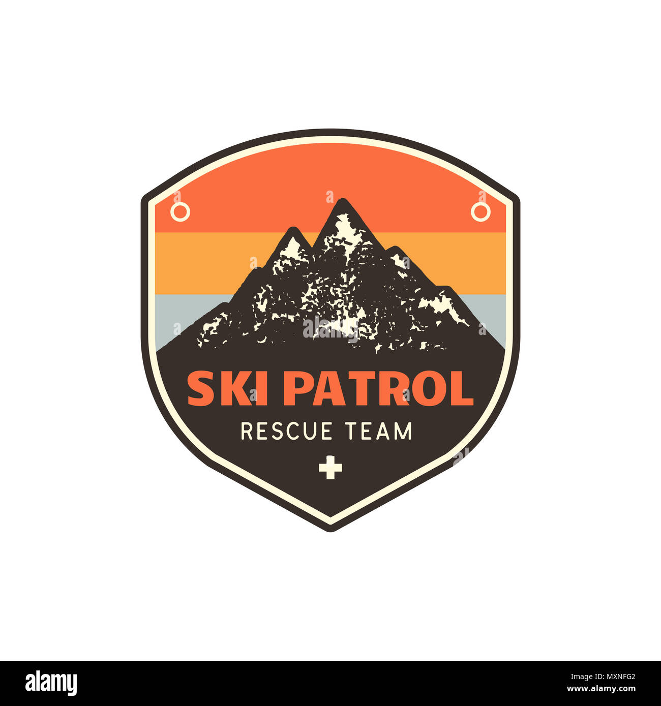 Vintage disegnati a mano mountain ski patrol emblema. Squadra di salvataggio patch. Le montagne del timbro. Colori retrò, grunge rilievografia effetto. Stock badge retrò illustrazione isolati su sfondo bianco Foto Stock