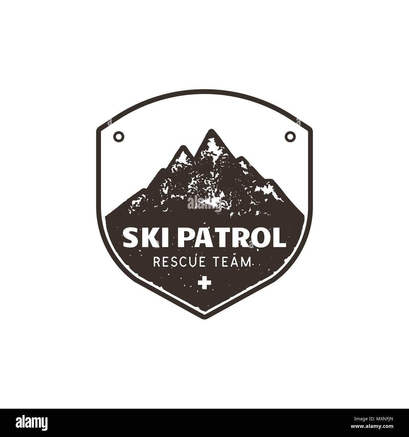 Vintage disegnati a mano mountain ski patrol emblema. Squadra di salvataggio patch. Le montagne del timbro. Monocromatico, grunge rilievografia effetto. Stock badge retrò illustrazione isolato su bianco Foto Stock