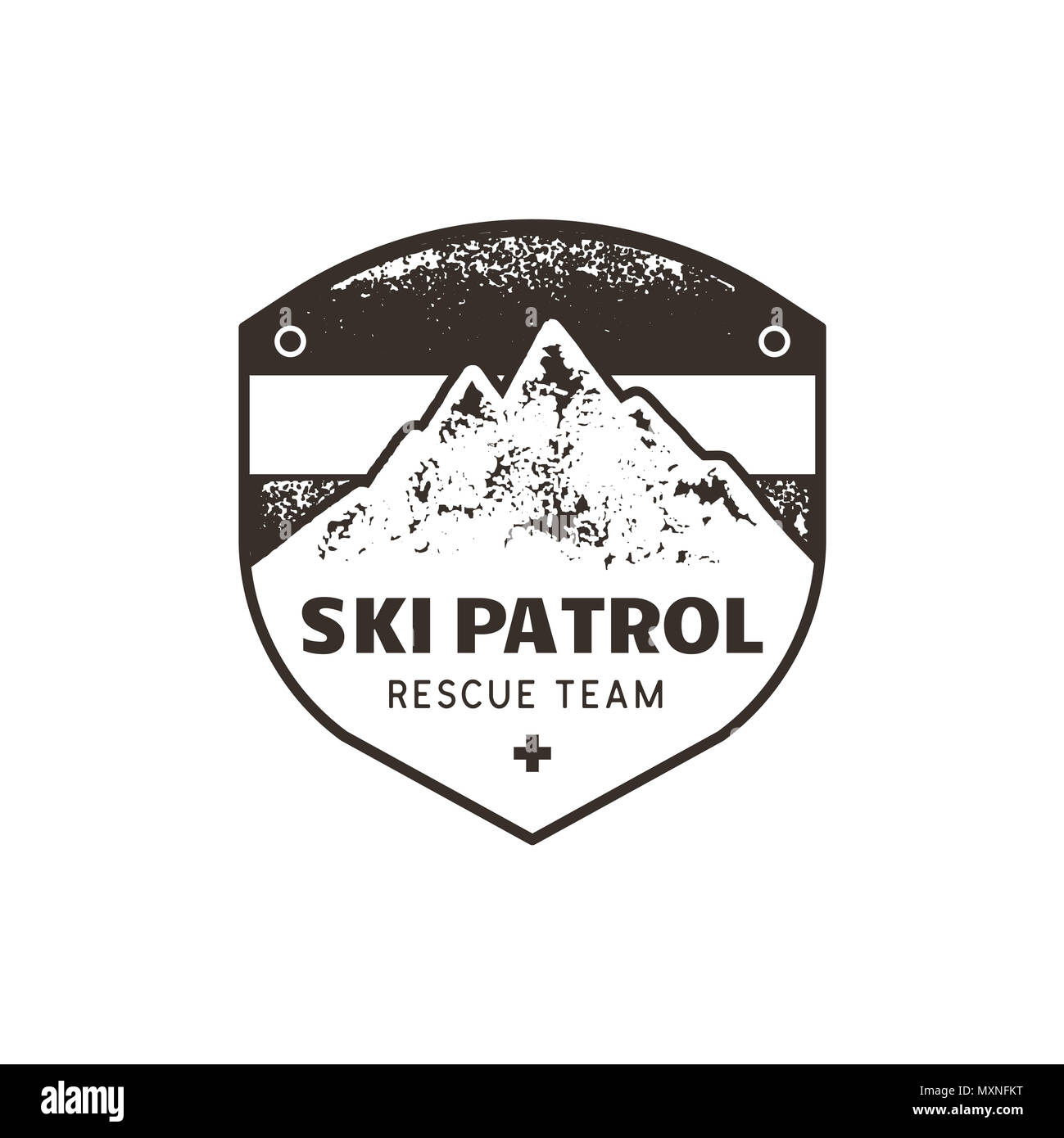 Vintage disegnati a mano mountain ski patrol emblema. Squadra di salvataggio patch. Le montagne del timbro. Monocromatico, grunge rilievografia effetto. Stock badge retrò illustrazione isolati su sfondo bianco Foto Stock