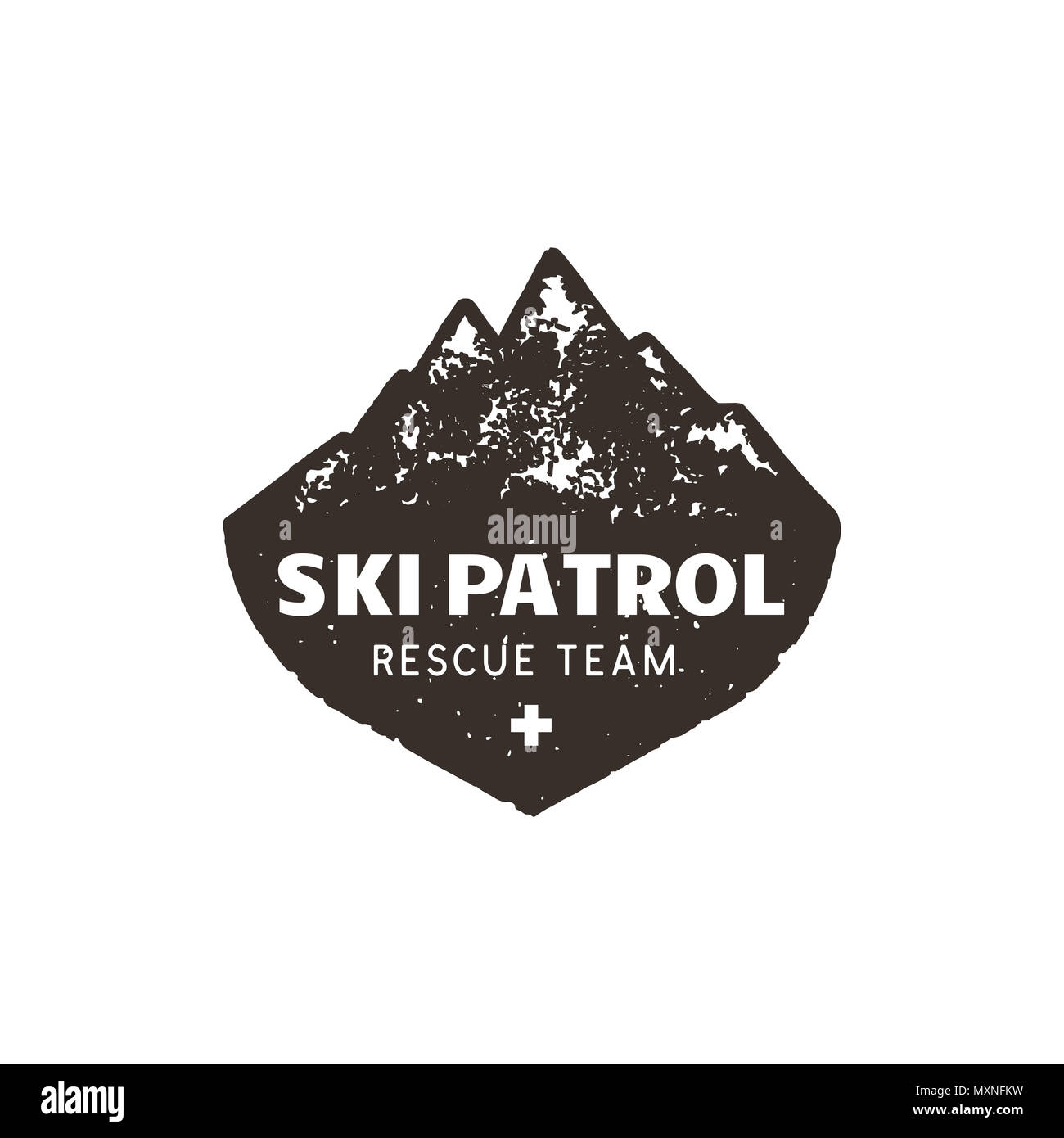 Vintage disegnati a mano mountain ski patrol emblema. Squadra di salvataggio patch. Le montagne del timbro. Monocromatico, grunge rilievografia effetto. Badge Stock illustrazione isolati su sfondo bianco Foto Stock