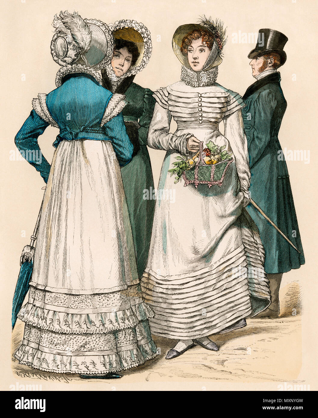 Moda donna europea circa 1818. Colorate a mano la stampa Foto Stock