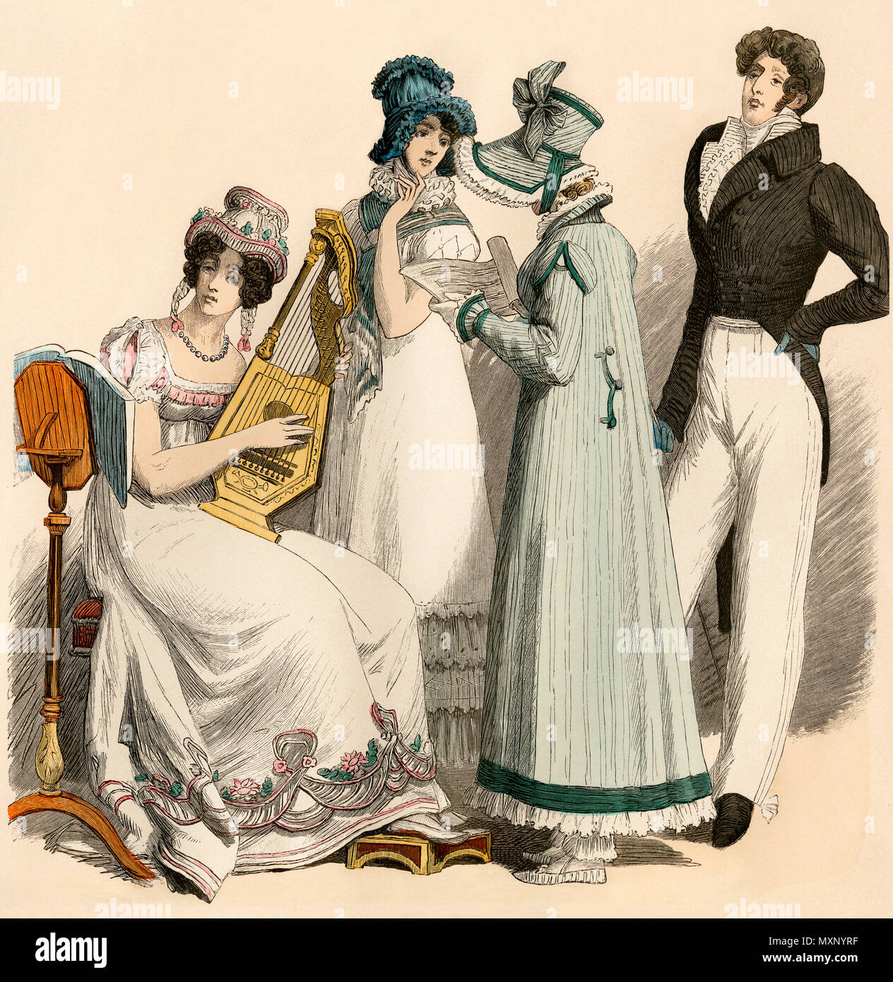 Moda signore e signori godersi musica, 1815-1820. Colorate a mano la stampa Foto Stock