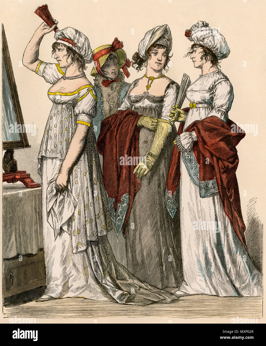 Francese e Tedesco ladies in stile impero abiti, 1802-1804. Colorate a mano la stampa Foto Stock