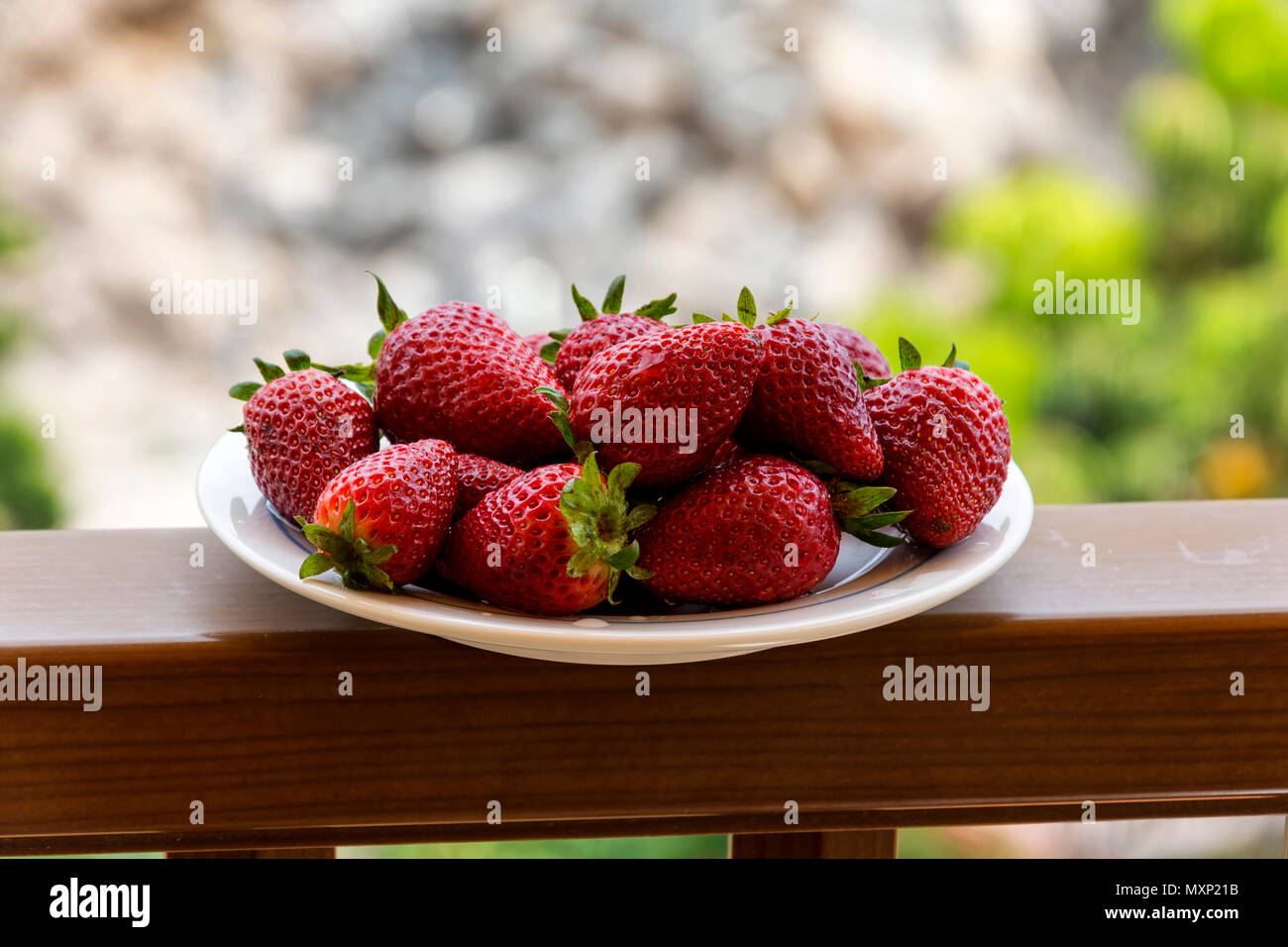 Ripe berry fragola rossa sulla piastra, in piedi sulla ringhiera del recinto, uno sfondo sfocato Foto Stock