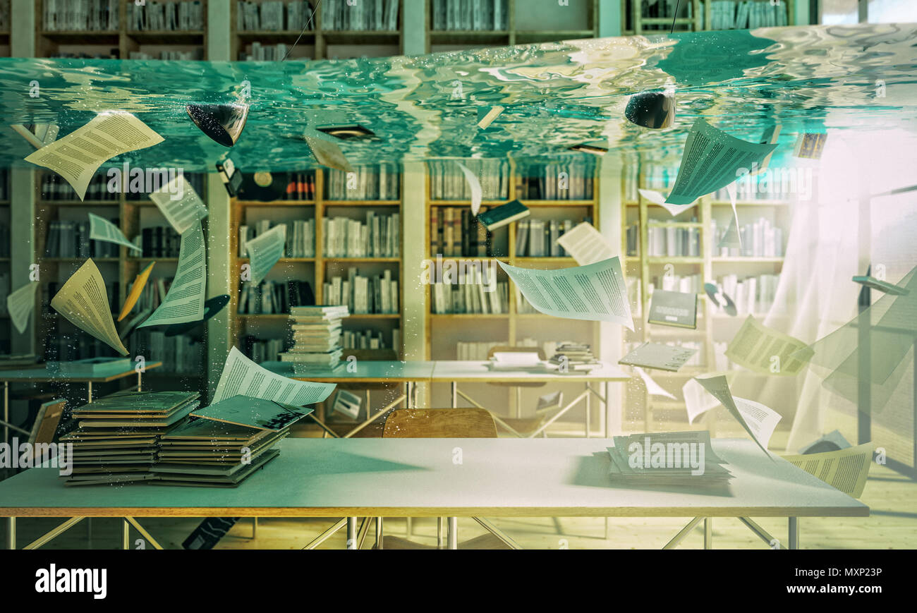 Libreria allagata abstract immagine 3D rendering Foto Stock