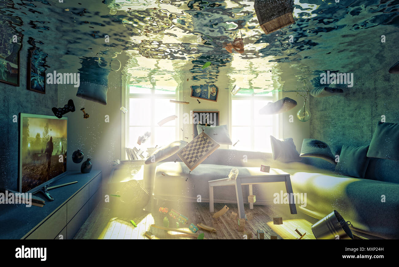 Inondati livingroom concetto di casa problema di umidità e rendering 3D MAGE Foto Stock