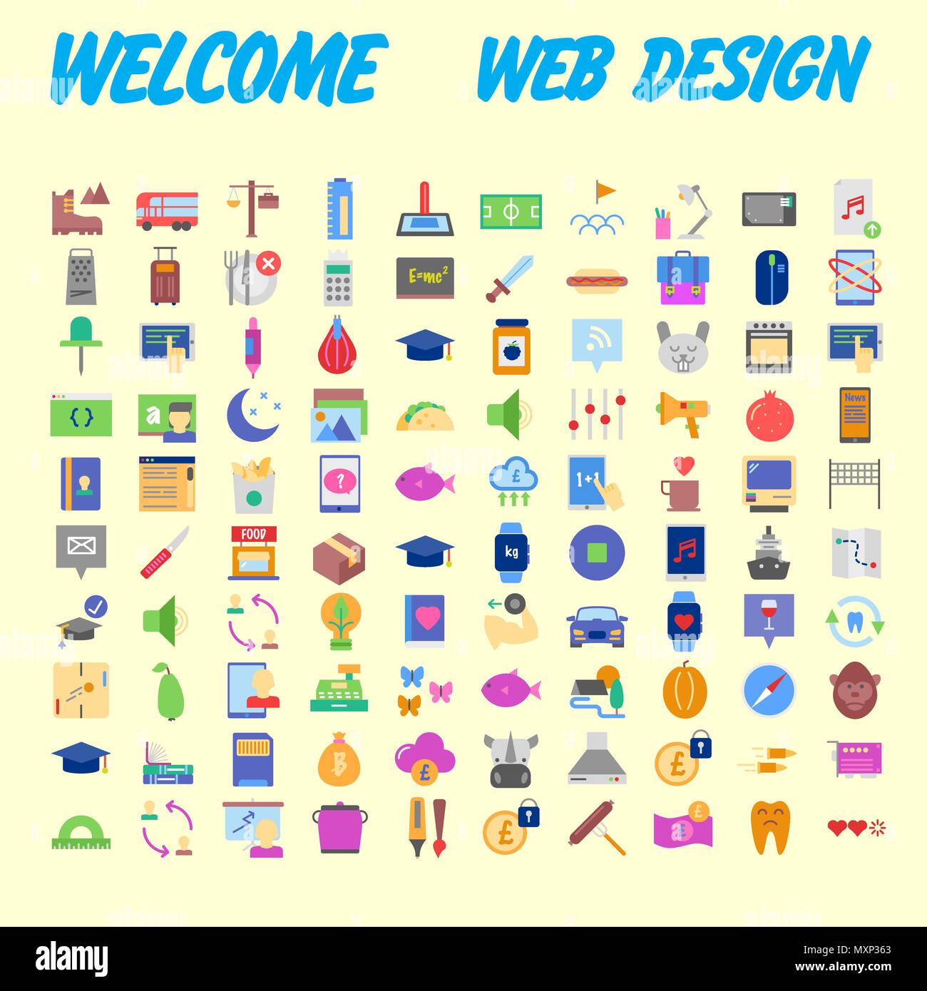 Set di 100 universale e le icone standard su una superficie piatta colorata con su sfondo arancione. Illustrazione Vettoriale Illustrazione Vettoriale