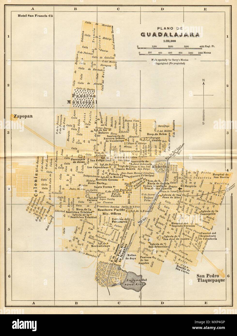 Plano de Guadalajara, Messico. Mapa de la ciudad. Città/plan 1935 vecchio Foto Stock