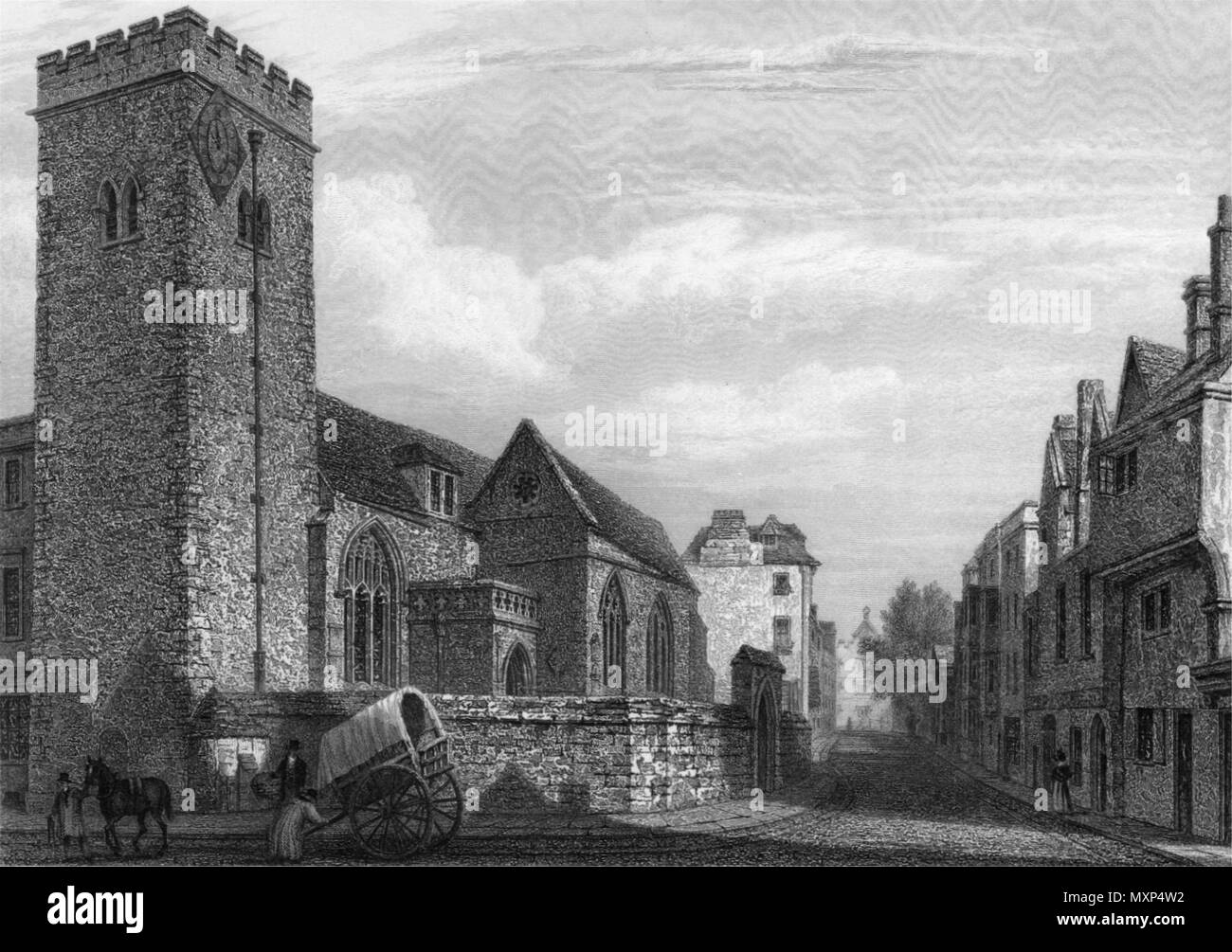 St Michael presso la porta nord chiesa, Oxford, da John Le Keux 1837 antica stampa Foto Stock