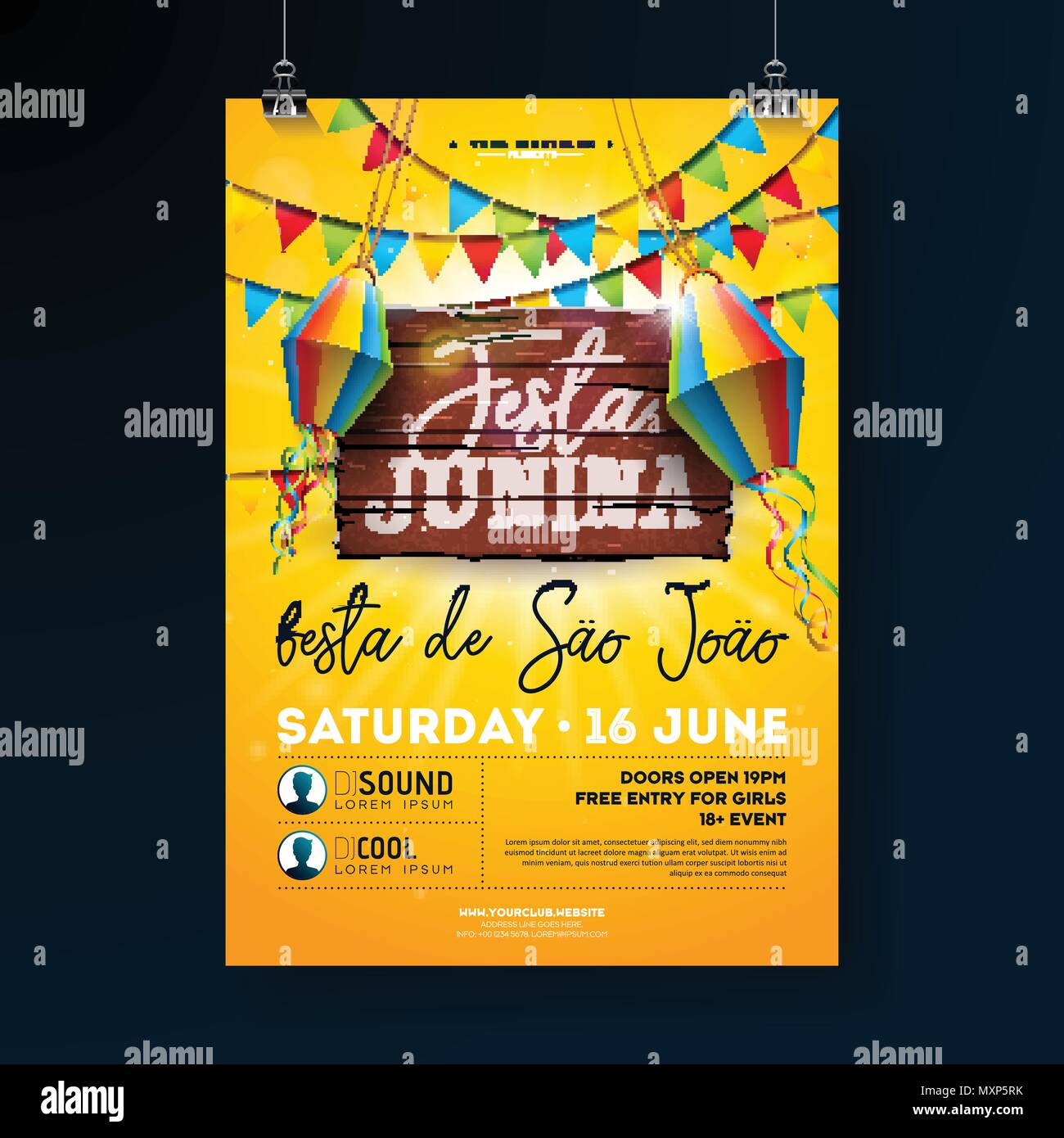 Festa Junina parte Pieghevole illustrativo con la tipografia design vintage sul pannello di legno. Le bandiere e lanterne di carta su sfondo giallo. Vector Brasile giugno festa Design per invito o per la Festa di Santa Poster. Illustrazione Vettoriale