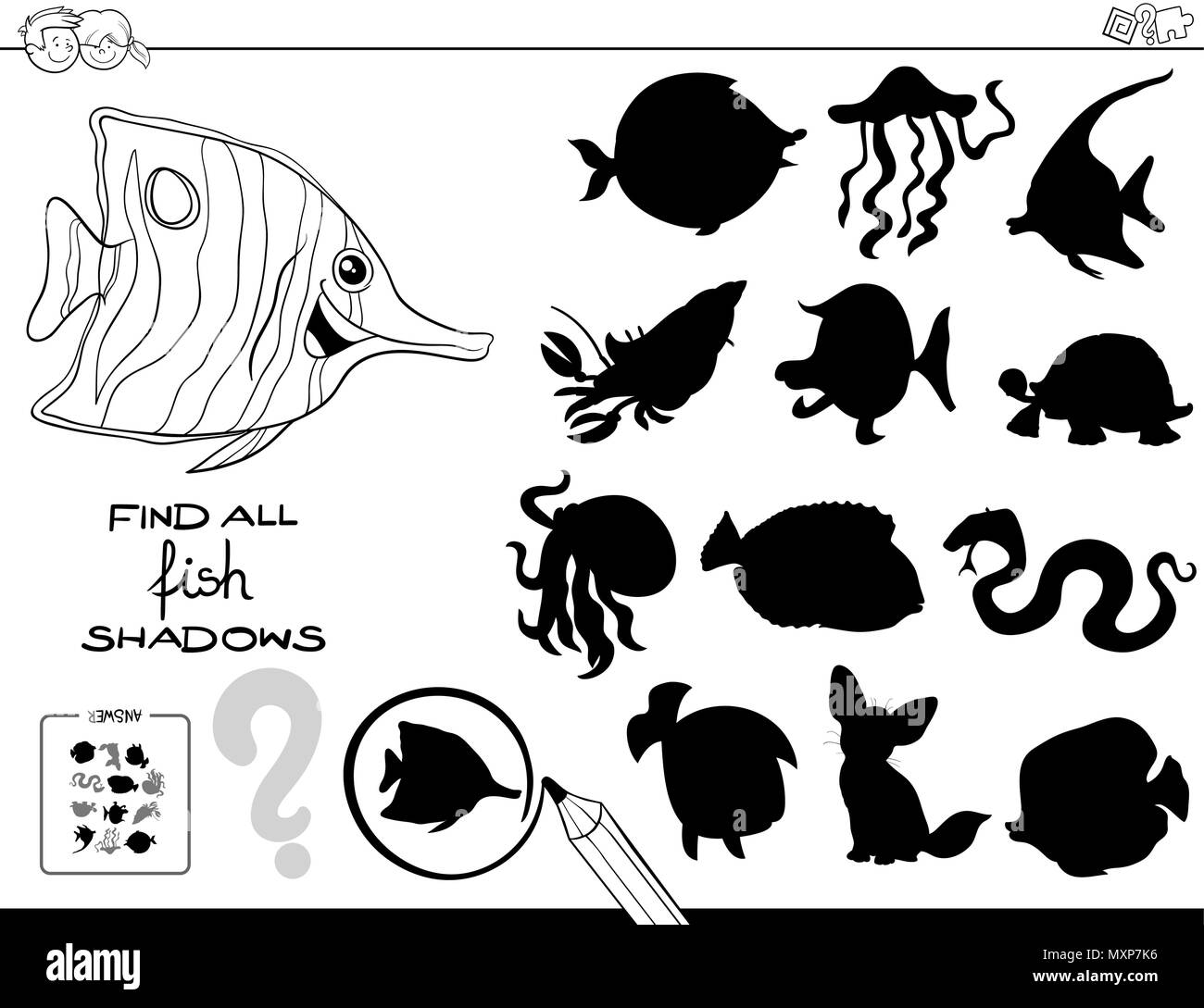 Bianco e Nero Cartoon illustrazione di trovare tutti i tipi di pesce ombre attività educative per i bambini Libro da colorare Illustrazione Vettoriale