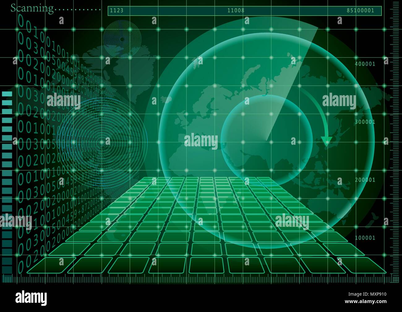 Verde nella schermata Radar e la mappa del mondo Illustrazione Vettoriale