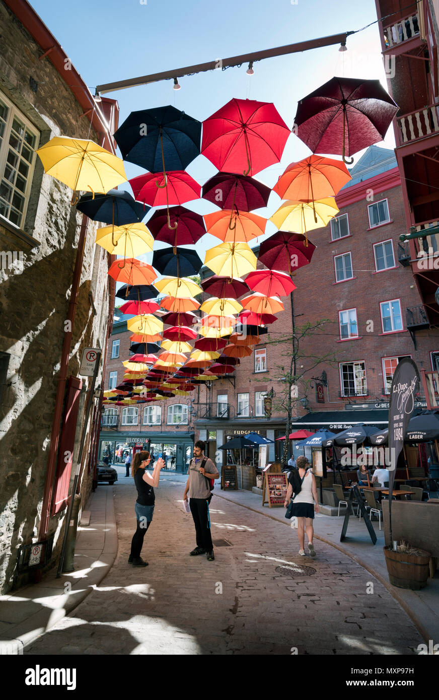 Street con ombrelloni, la Vecchia Città Bassa, Québec, Canada Foto Stock