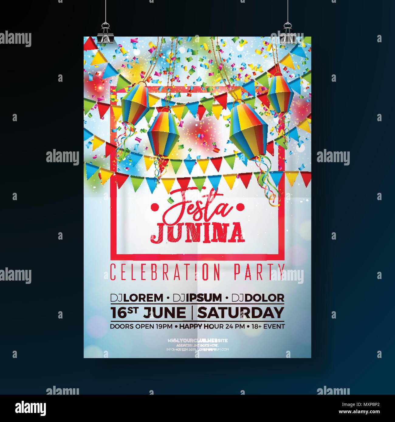 Festa Junina parte Pieghevole illustrativo con bandiere e lanterne di carta sulla caduta dei coriandoli sfondo. Vector Brasile giugno festa Design per invito o per la Festa di Santa Poster. Illustrazione Vettoriale