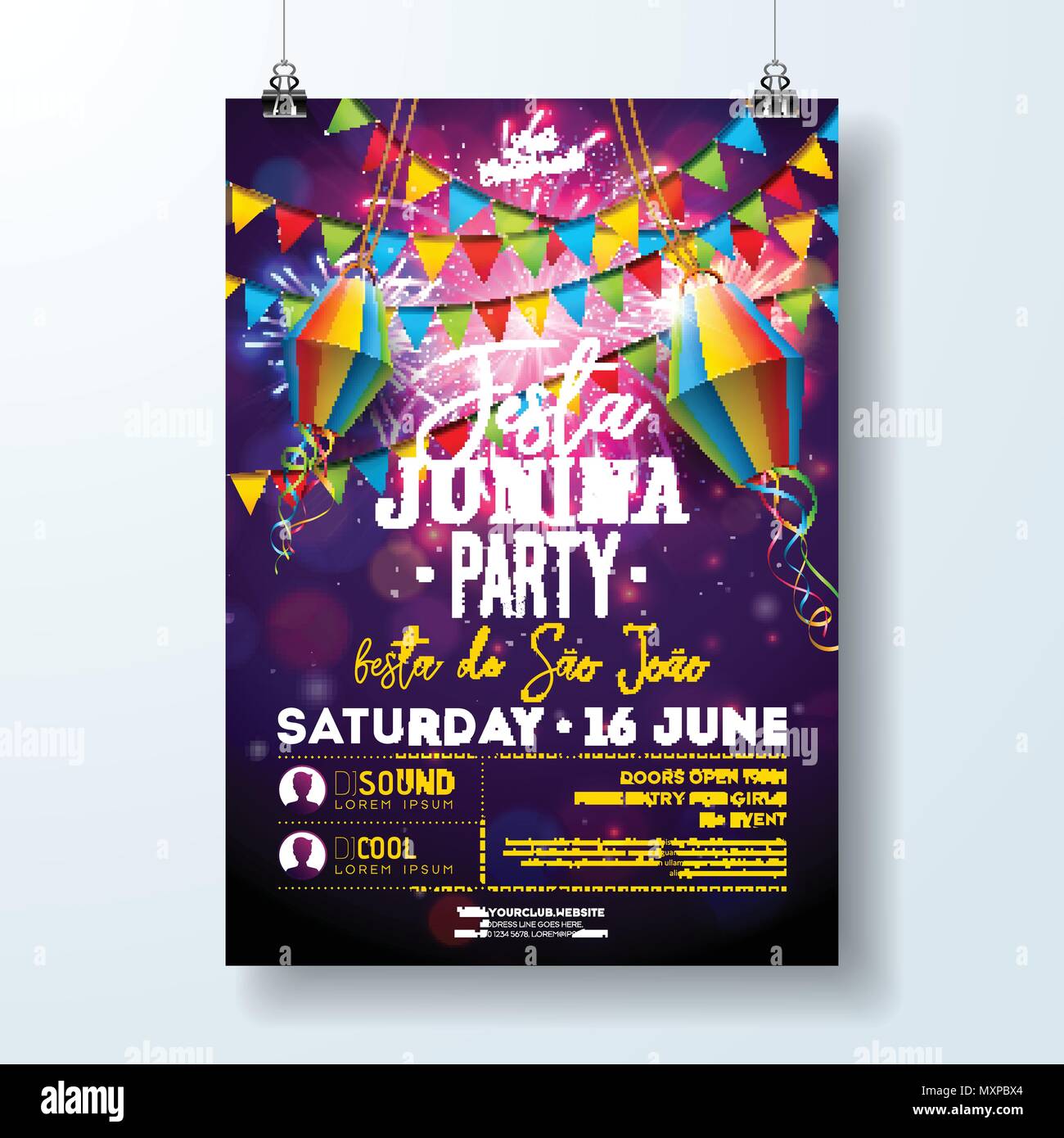 Festa Junina parte Pieghevole illustrativo con bandiere e lanterne di carta su sfondo fuochi d'artificio. Vector Brasile giugno festa Design per invito o per la Festa di Santa Poster. Illustrazione Vettoriale