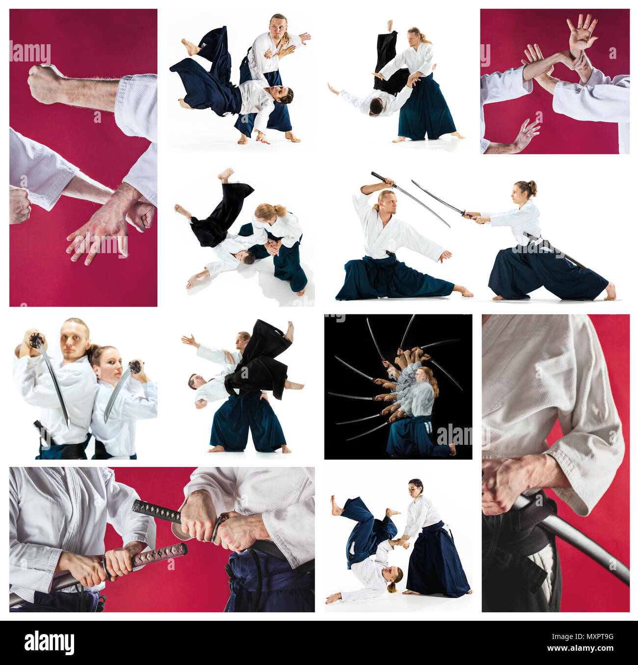 Gli uomini e le donne di combattere ad Aikido la formazione nella scuola di arti marziali. Uno stile di vita sano e sport concetto. Foto Stock