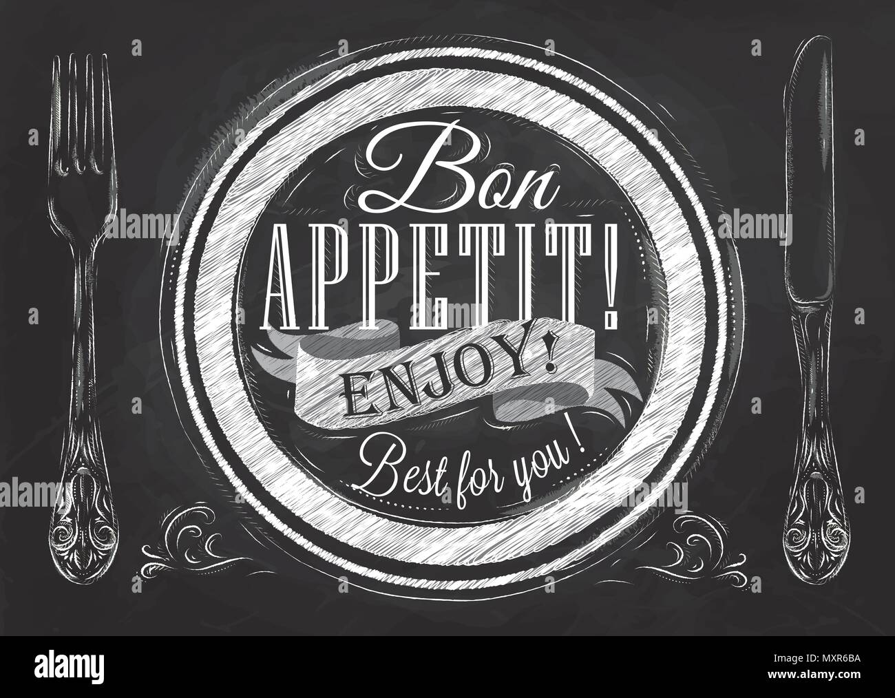 Bon appetit, godetevi, migliore per voi scritte su una piastra con una forchetta e un cucchiaio sul lato in stile retrò di disegno con gesso sulla lavagna. Illustrazione Vettoriale