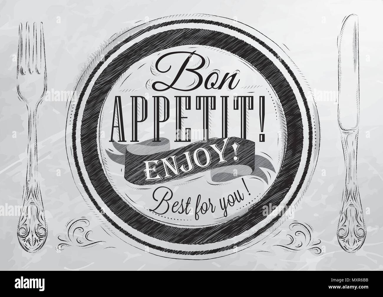 Bon appetit, godetevi, migliore per voi scritte su una piastra con una forchetta e un cucchiaio sul lato in stile retrò con disegno del carbone a bordo. Illustrazione Vettoriale