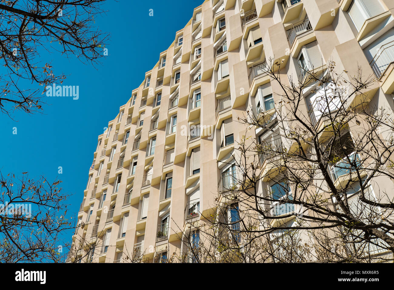 Il frammento dell'edificio moderno con rami su sfondo cielo Foto Stock