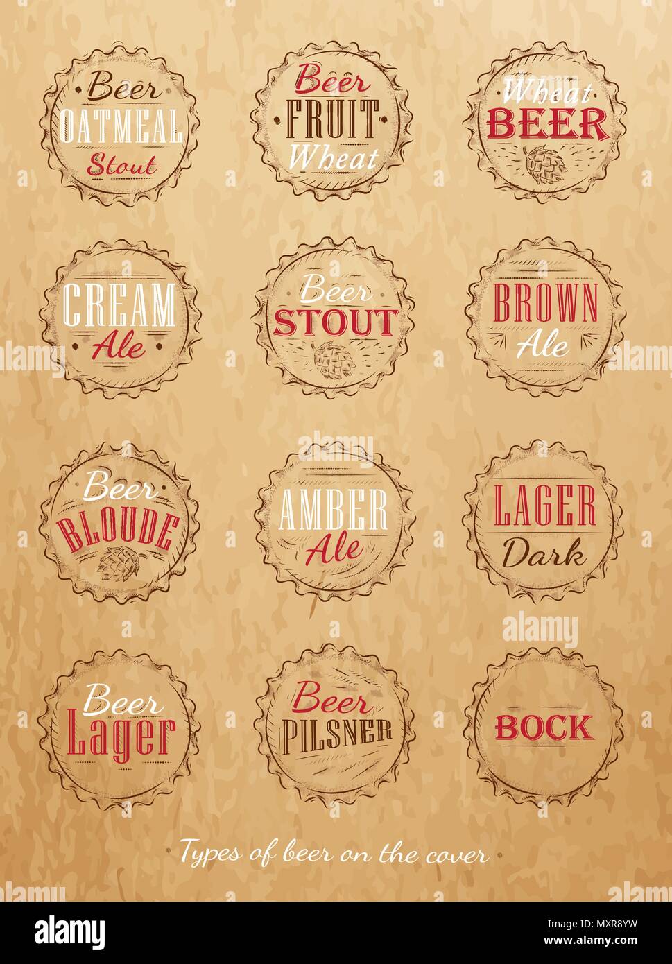 Collezione Manifesti di tappi di birra tipi di birra stilizzata sotto disegno retrò su kraft. Illustrazione Vettoriale