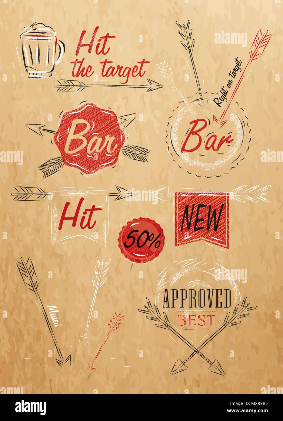 Impostare collezione emblema del Bar, Braccio Freccia, simbolo disegno stilizzato su carta kraft di rosso, bianco, nero. Illustrazione Vettoriale