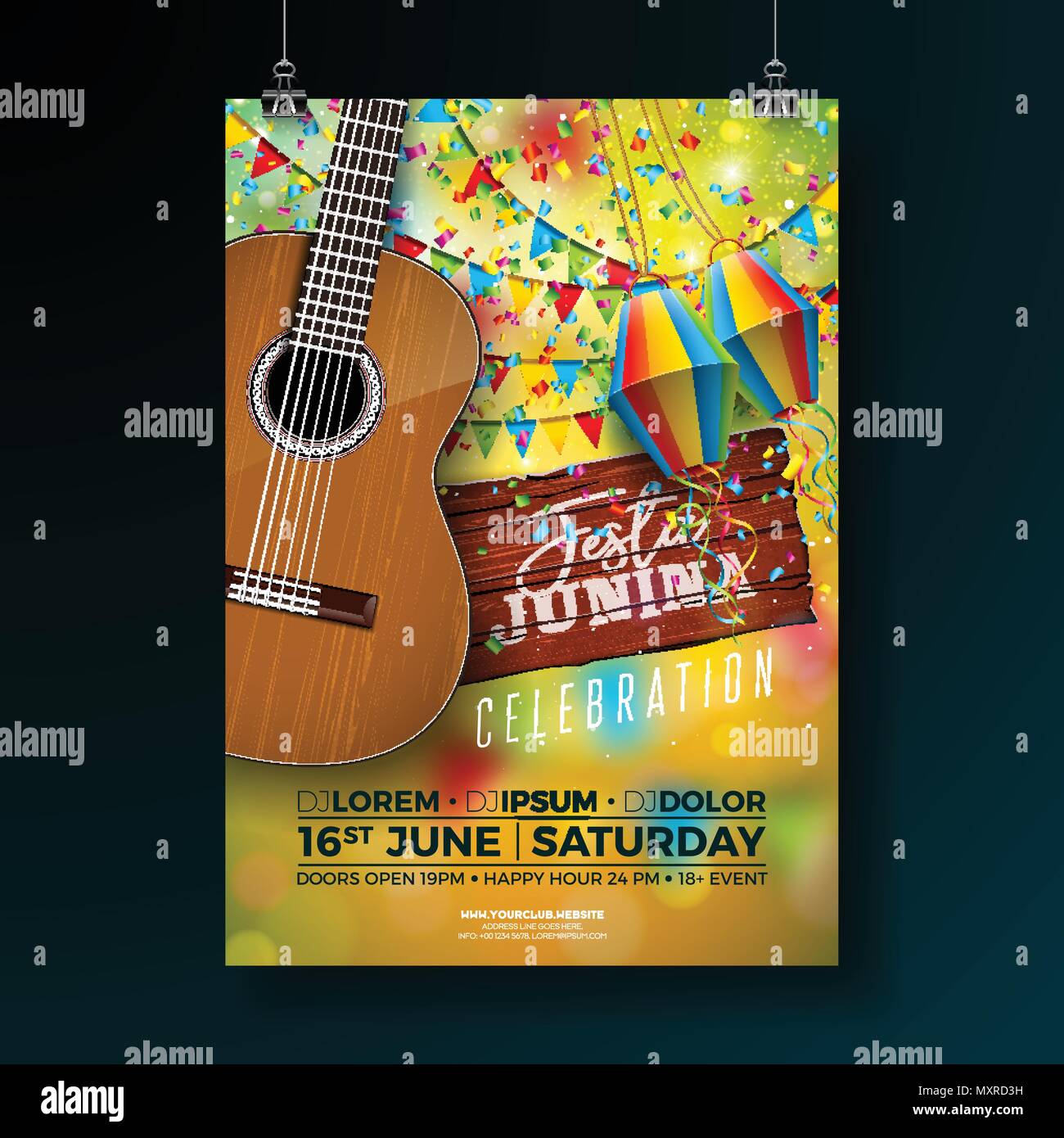 Festa Junina parte Pieghevole illustrativo con la tipografia Design Vintage sul pannello di legno e la chitarra acustica. Le bandiere e lanterne di carta su sfondo giallo. Vector Brasile giugno festa Design per invito o per la Festa di Santa Poster. Illustrazione Vettoriale