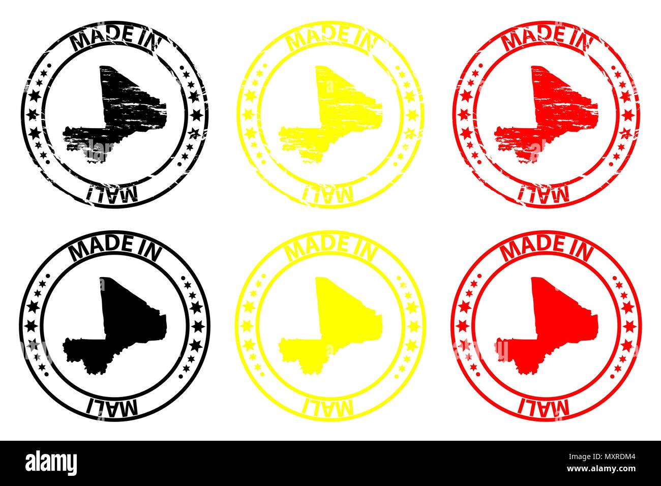 Realizzato in Mali - timbro di gomma - vettore, Mali mappa del modello - nero, giallo e rosso Illustrazione Vettoriale