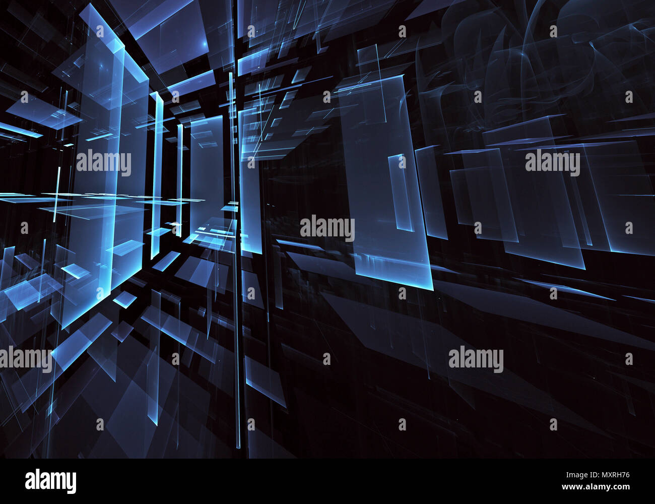 Abstract la tecnologia del futuro di sfondo - generati con il computer immagine 3D. Arte frattale: vetro camera o lungo la strada della città surreale con effetti di luce. Hi-tech o Foto Stock