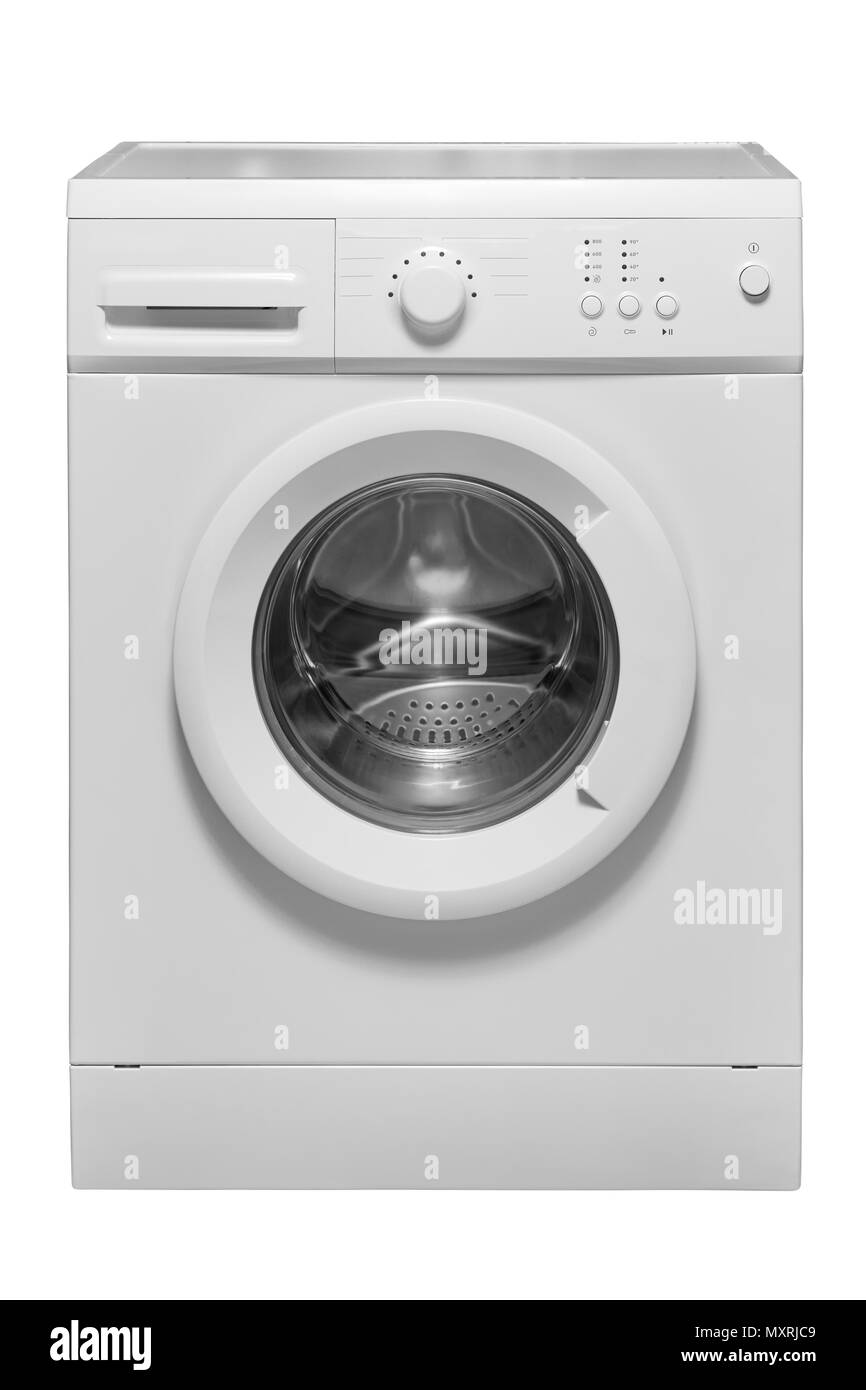 Un moderno e bianco lavatrice automatica con un portello chiuso è isolato. Foto Stock
