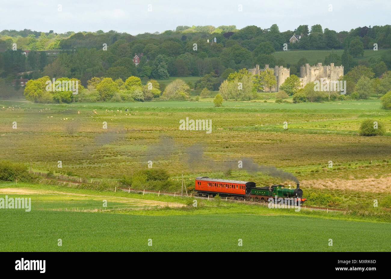 O1 in loco a vapore e un "Birdcage' teste di autobus di distanza dal Castello di Bodiam sul Kent e East Sussex Railway Foto Stock