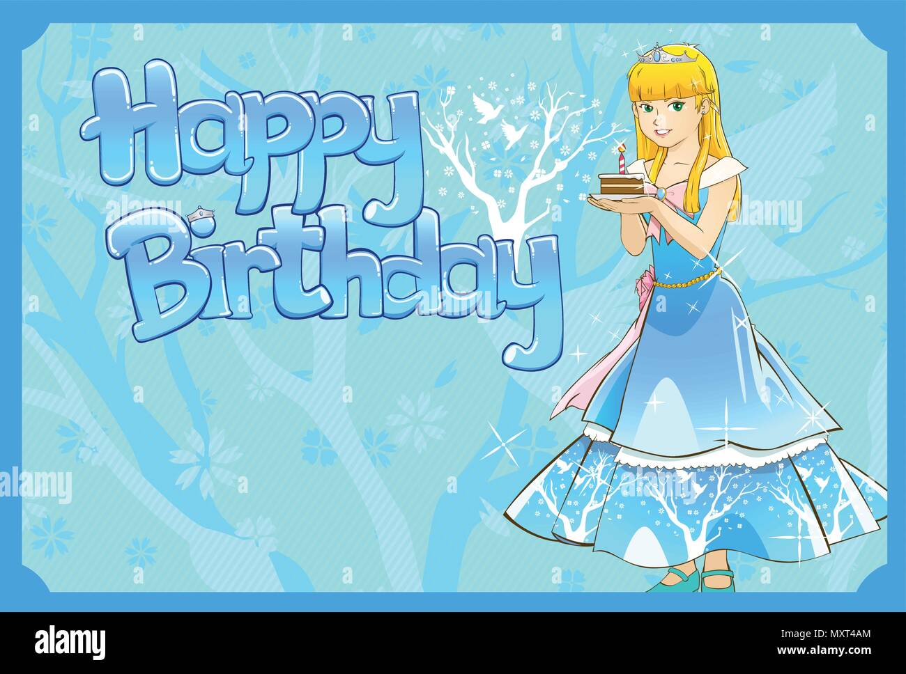 Una illustrazione vettoriale della principessa tenendo una fetta di torta di compleanno Illustrazione Vettoriale