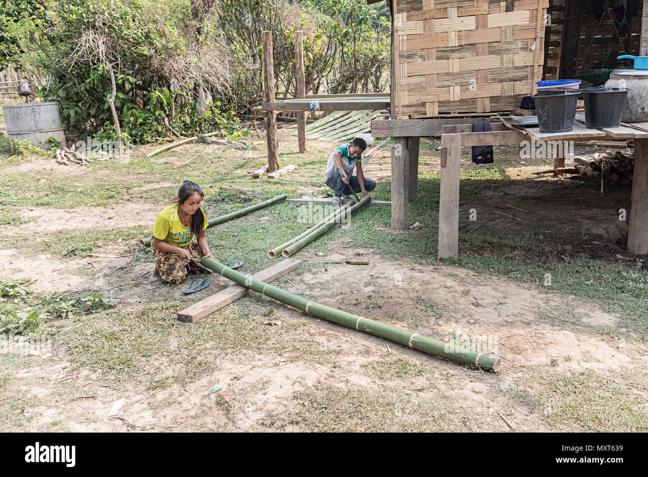 Donna e uomo il taglio e la conformazione di bambù nel villaggio rurale di Nong Ping, Laos Foto Stock