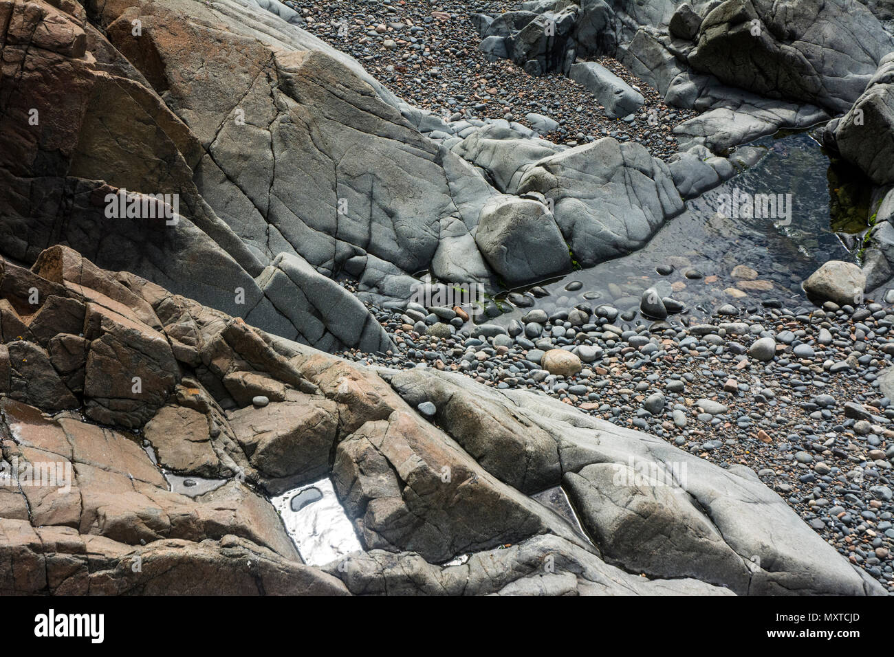 Rocce e ciottoli la linea la linea della costa dell'oceano a Marblehead, MA. Foto Stock