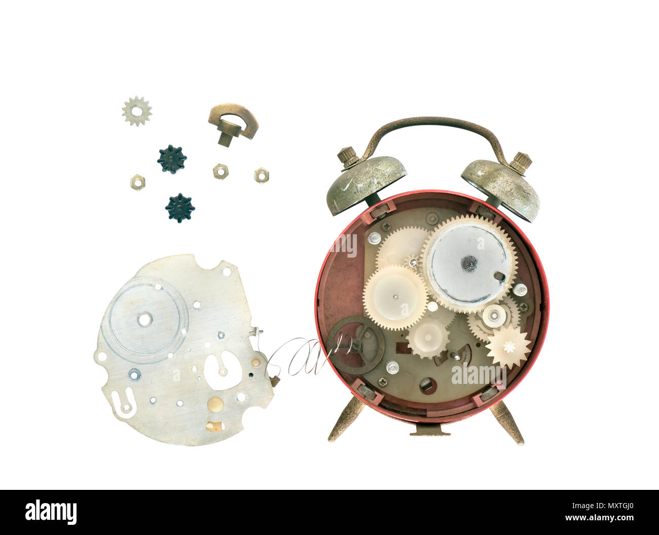 Vecchio e sporco e sveglia su sfondo bianco. Lay piatto. Vista dall'alto. Foto Stock