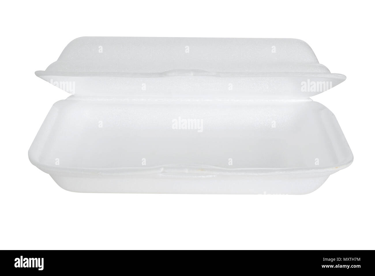 Styrofoam casella su sfondo bianco. Contenitore per alimenti. Foto Stock